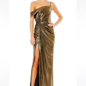Gold One Shoulder Backless Gown with Slit